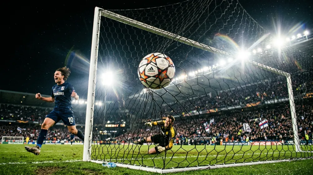 Football hitting the goal net with dramatic stadium lighting