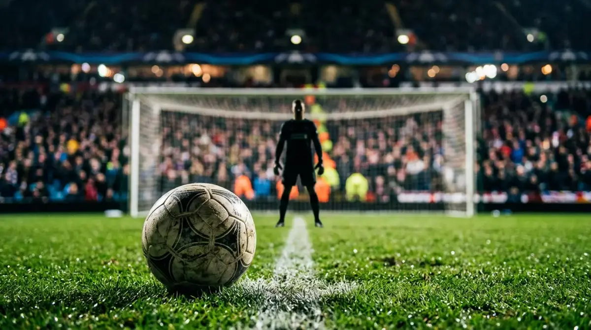 Football on the penalty spot with goalkeeper silhouette and dramatic stadium lights